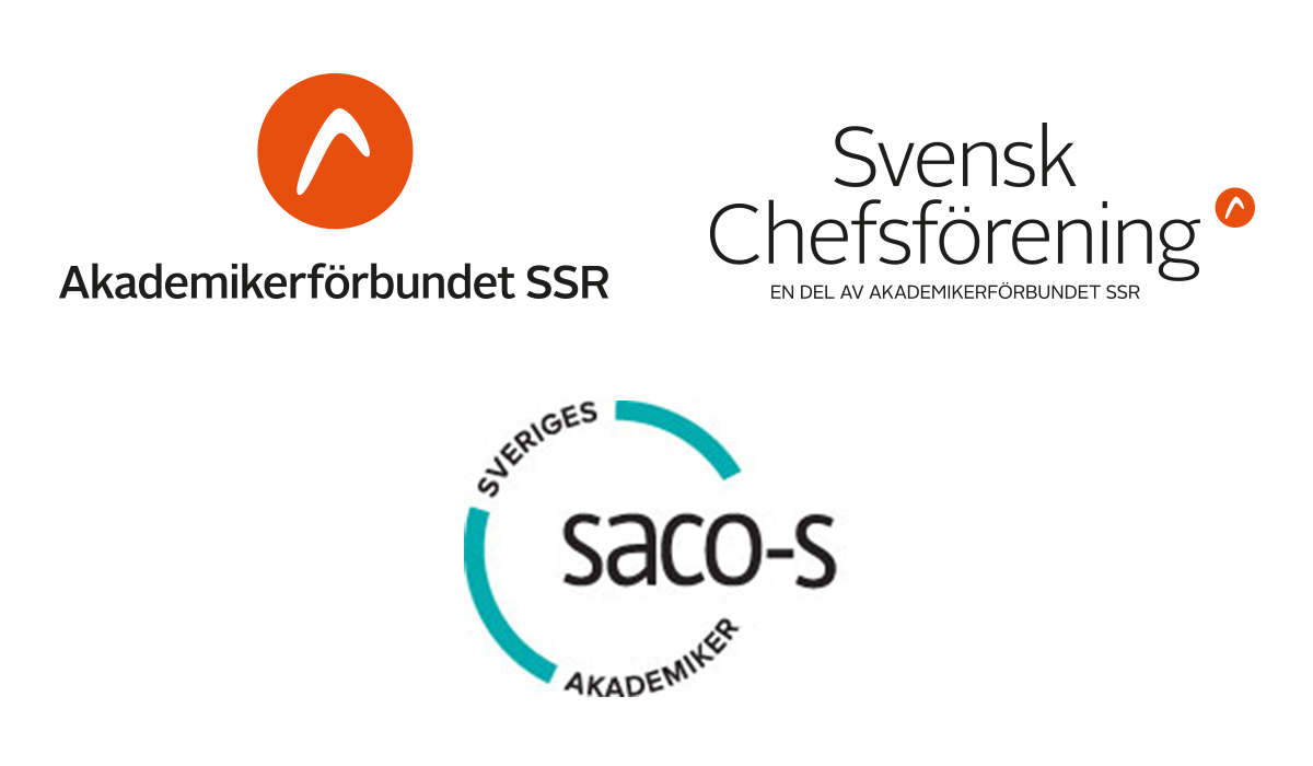 Tre logotyper som visar att Akademikerförbundet SSR, Svensk chefsförening och Saco-s hänger ihop.