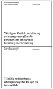 PM: Ytterligare förstärkt nedsättning av arbetsgivaravgifter för personer som arbetar med forskning eller utveckling samt PM: Tillfällig nedsättning av arbetsgivaravgifter för upp till två anställda